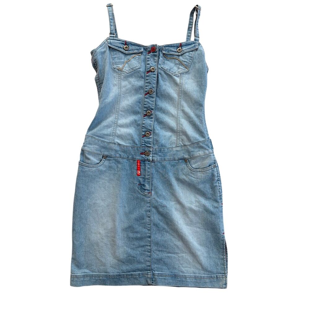 vintage eckored denim dress size small full button y2k streetwear